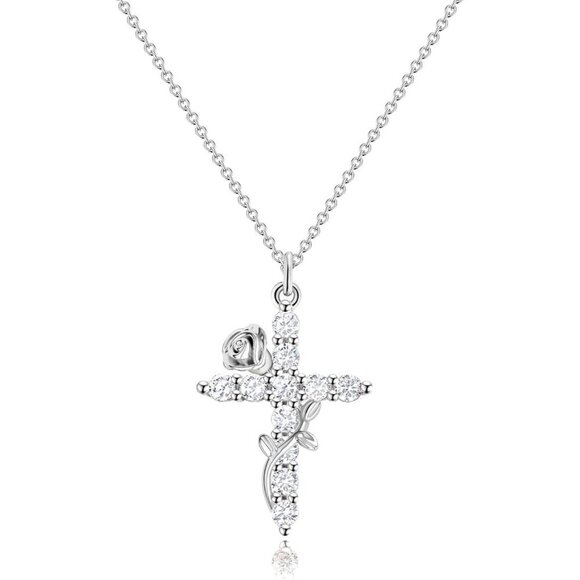 Jewelry - Women C Flower Cross, Silver 14K Gold Plated Crown Cross Necklace - Non-Tarnish